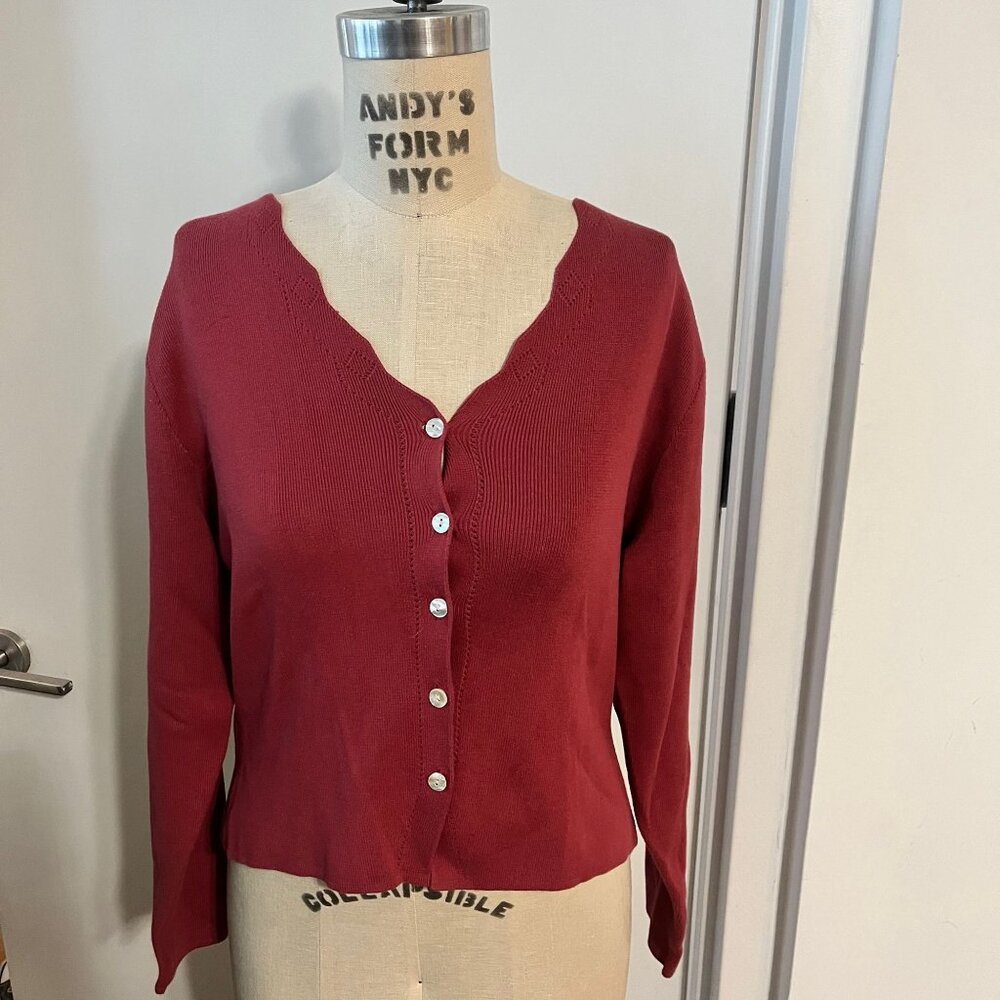 Vintage‎ LAURA ASHLEY Cotton Scalloped Neck Cardigan in Raspberry Size 14